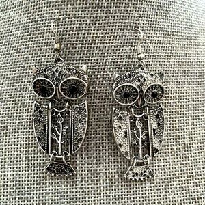Silver Black Crystal Owl Dangle Earrings